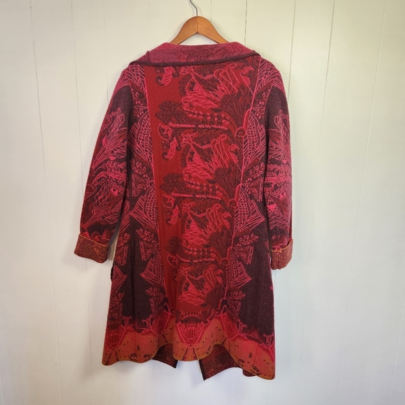 KOOI Knit Long Cardigan Sweater Red Draped Collar Lambswool Pockets Size Medium - Picture 3 of 13